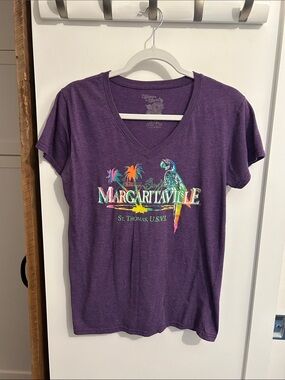Margaritaville Purple V-Neck Tee with Tropical Parrot Print